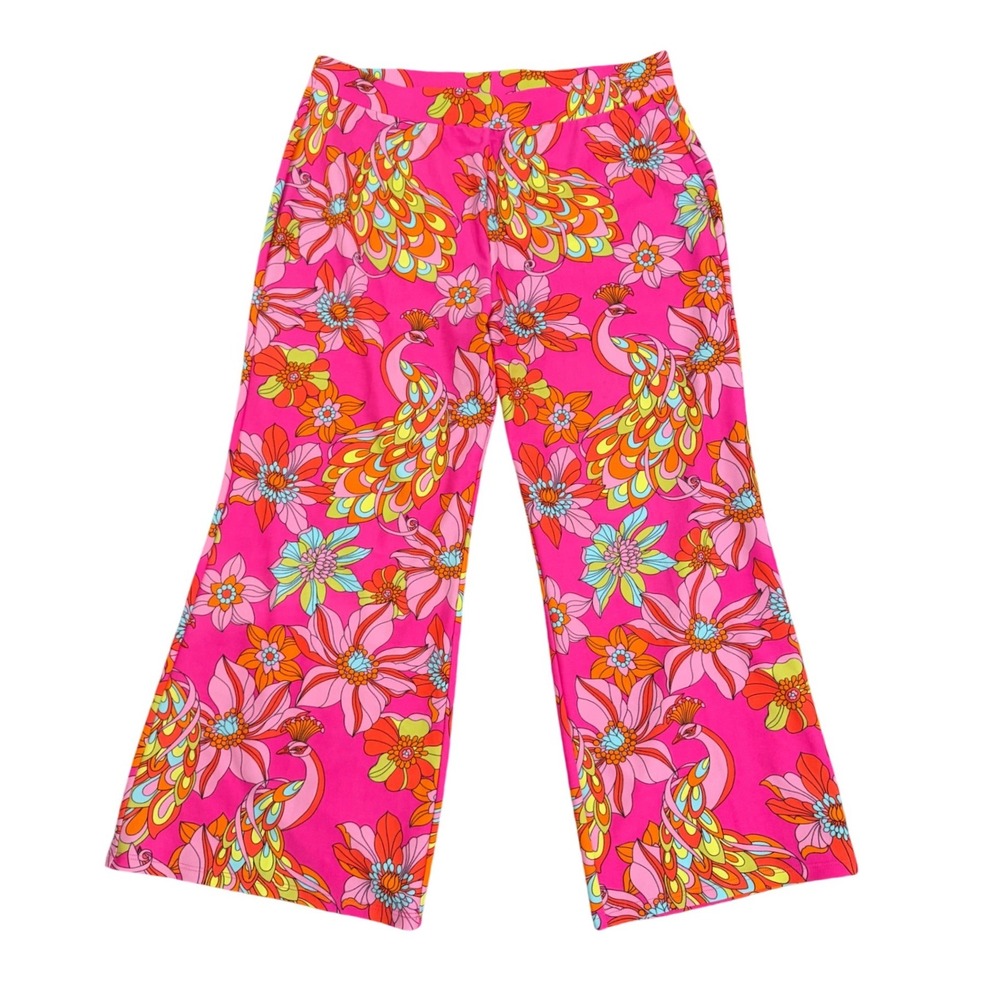 Jude Connally Pink Peacock Floral Wide Leg Pants Retro Psychedelic Print M